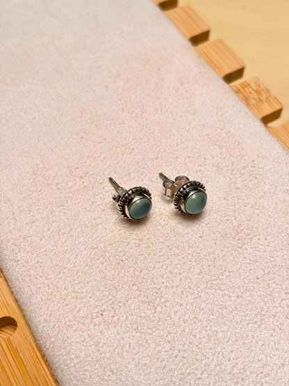 Blue Chalcedony Rope Halo Stud Earrings in 925 Silver