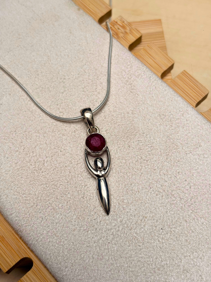 Red Corundum Goddess Pendant in 925 Sterling Silver