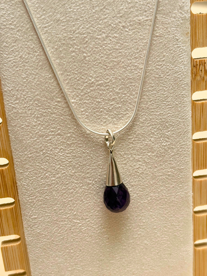 Faceted Amethyst Drop Pendant in 925 Sterling Silver