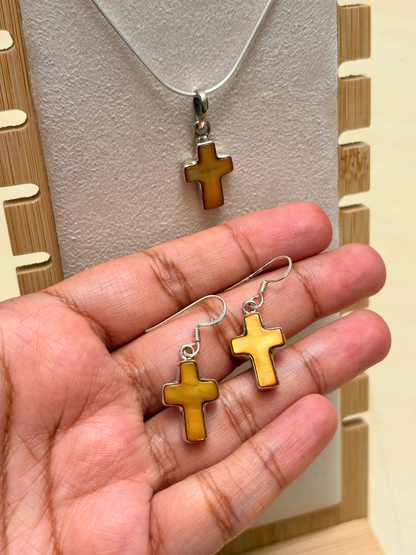 Golden Shell Cross 925 Silver Pendant & Earring Set