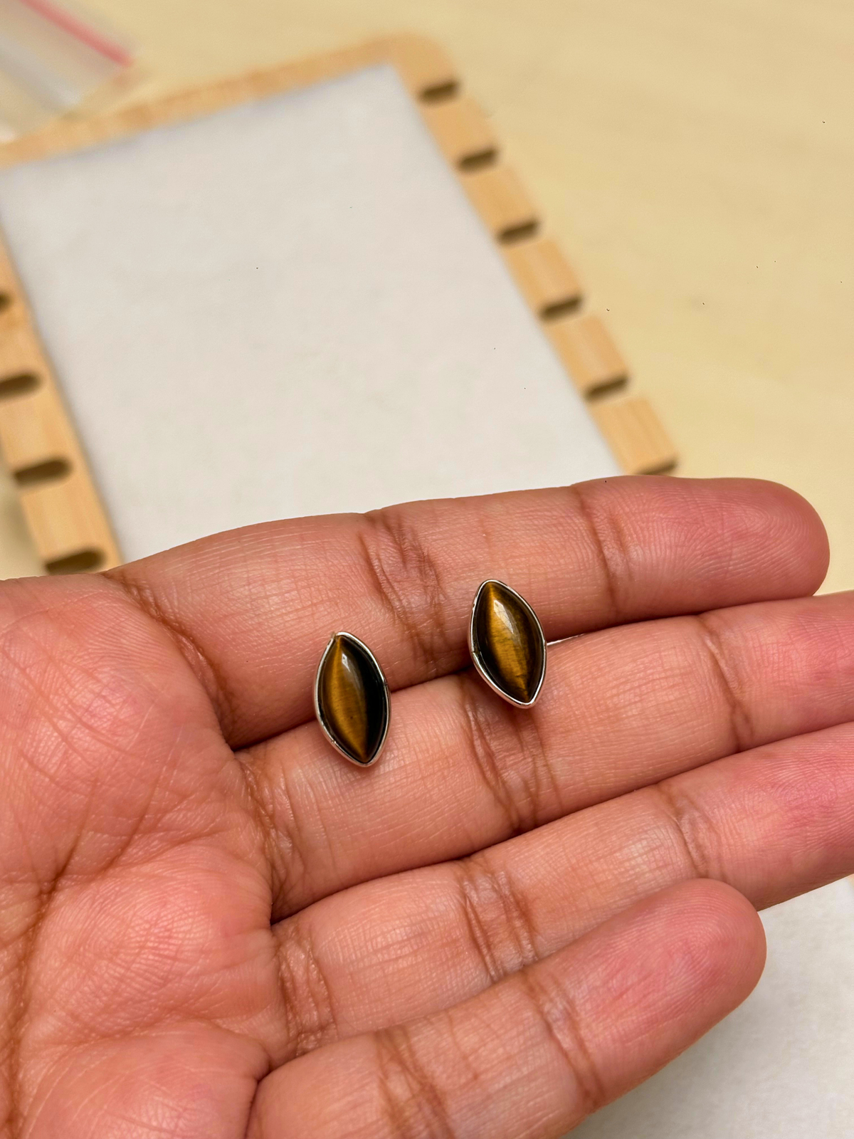 Oval Cabochon Gemstone Stud Earrings in 925 Silver