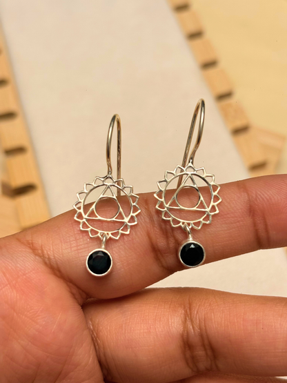 Black Onyx Chakra Mandala Dangle Earrings in 925 Silver