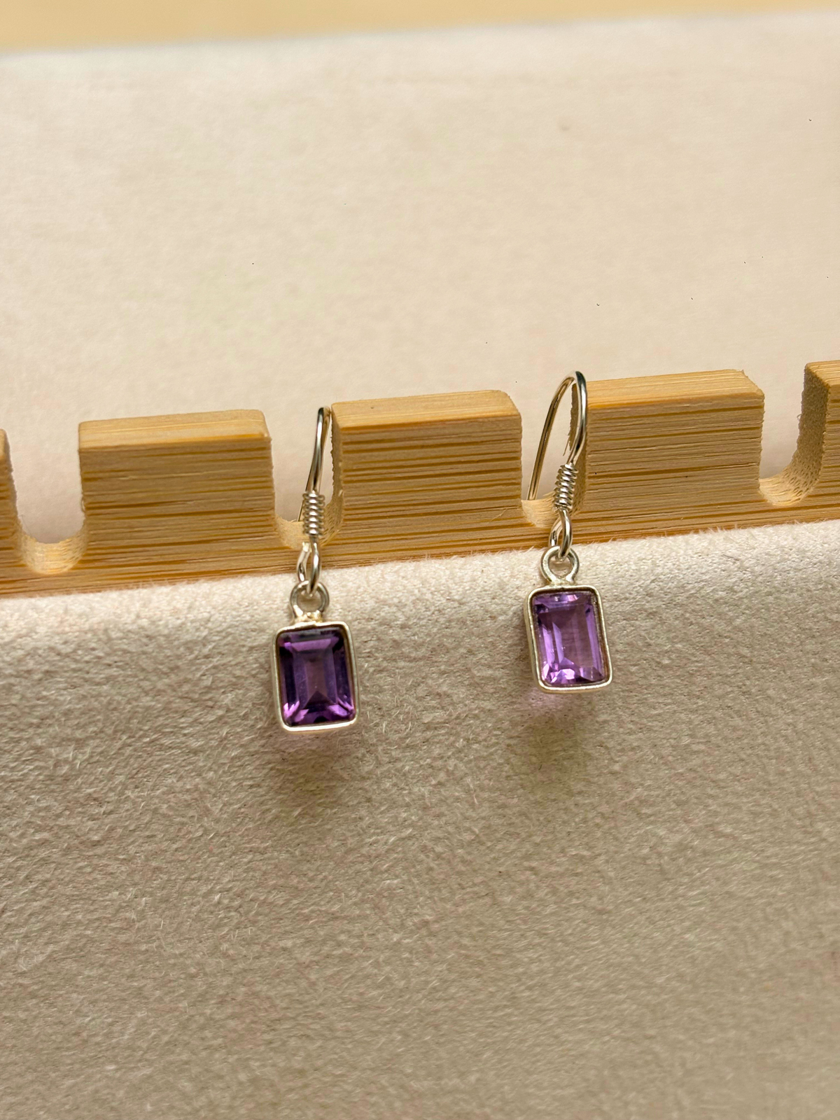 Amethyst Rectangle Drop Earrings in 925 Silver
