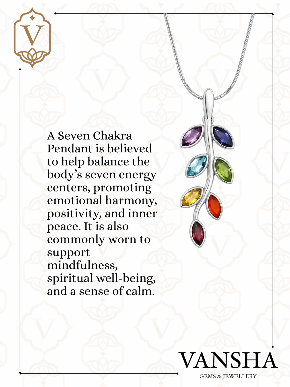 Seven Chakra Gemstone Branch Pendant in 925 Sterling Silver