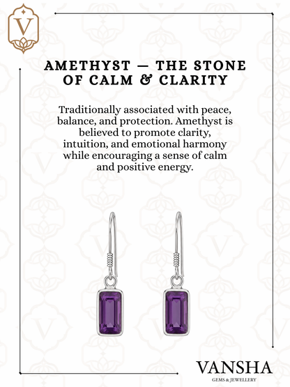 Amethyst Rectangle Drop Earrings in 925 Silver