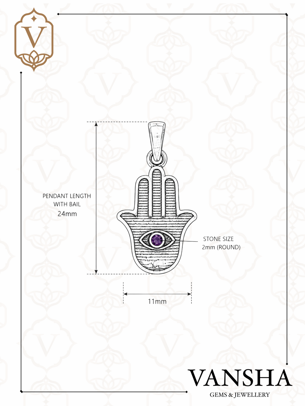 Amethyst Hamsa Hand Pendant in 925 Sterling Silver