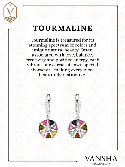 Rainbow Tourmaline Floral Dangle Earrings in 925 Silver