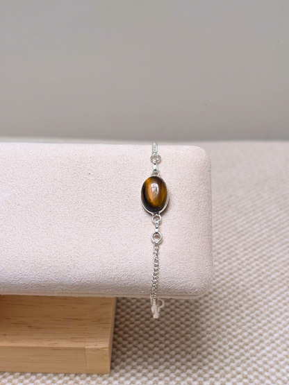 Natural Gemstone Oval Bracelet in 925 Sterling Silver – Tiger's Eye or Rose Quartz