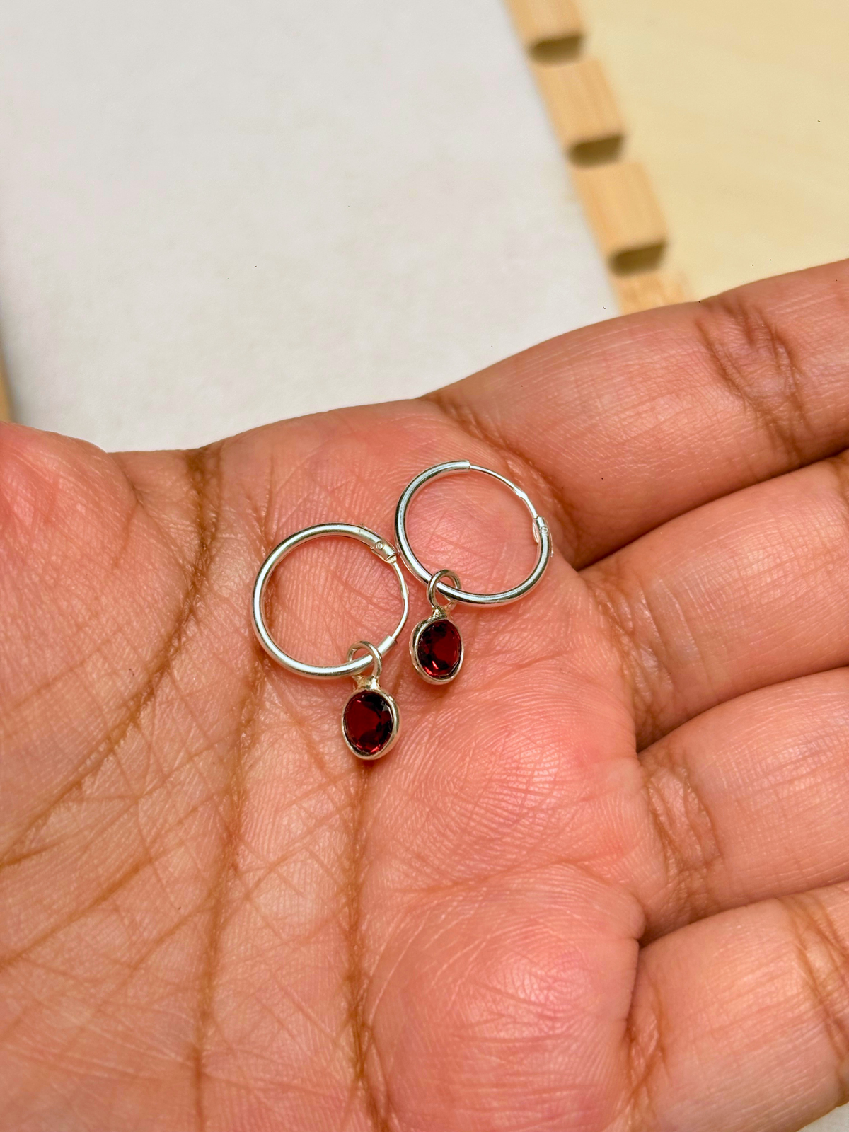 Round Gemstone Charm Hoop Earrings in 925 Silver