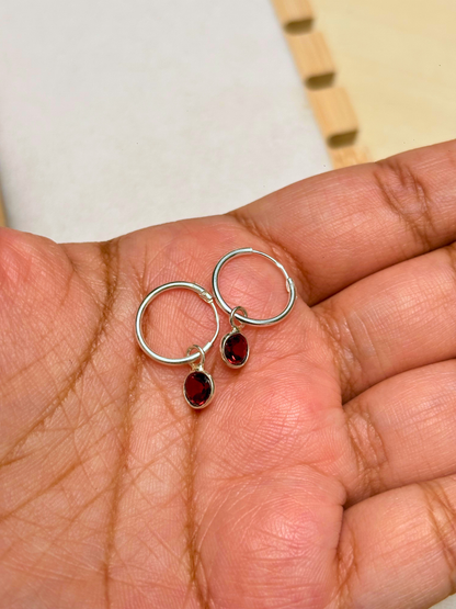 Round Gemstone Charm Hoop Earrings in 925 Silver