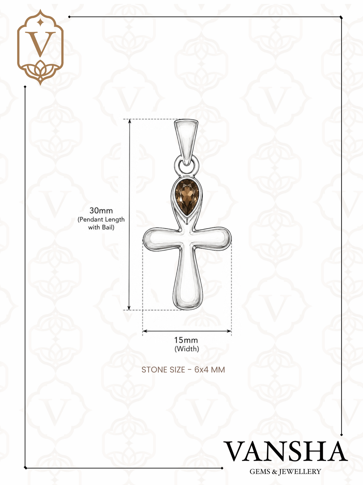 Smoky Topaz Cross Pendant in 925 Sterling Silver