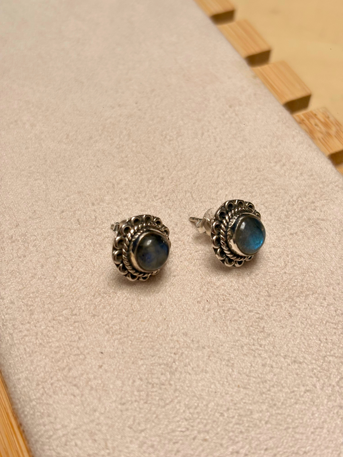 Ornate Labradorite & Rainbow Moonstone Stud Earrings in 925 Silver