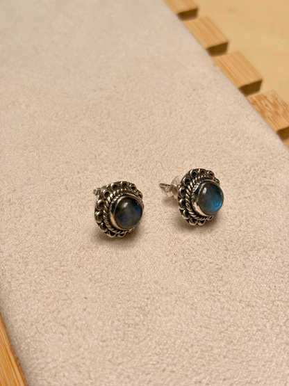 Ornate Labradorite & Rainbow Moonstone Stud Earrings in 925 Silver