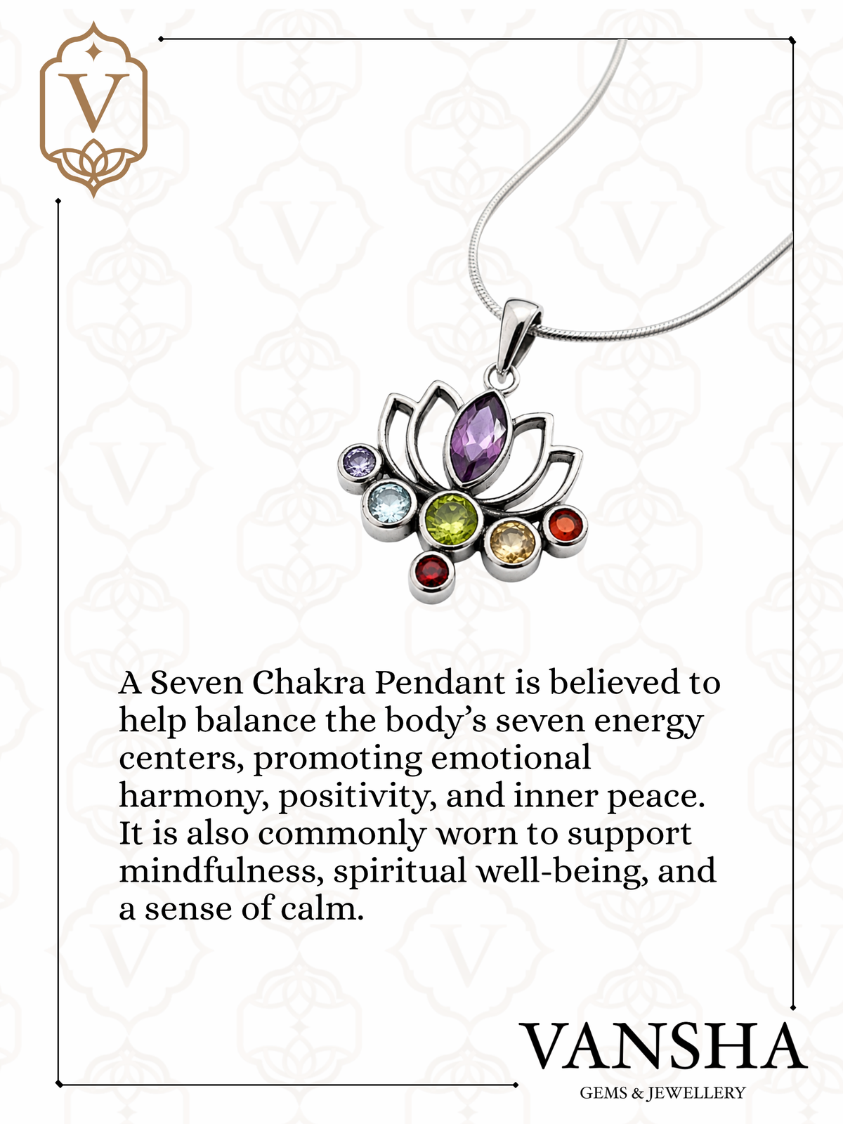Seven Chakra Lotus Pendant in 925 Sterling Silver