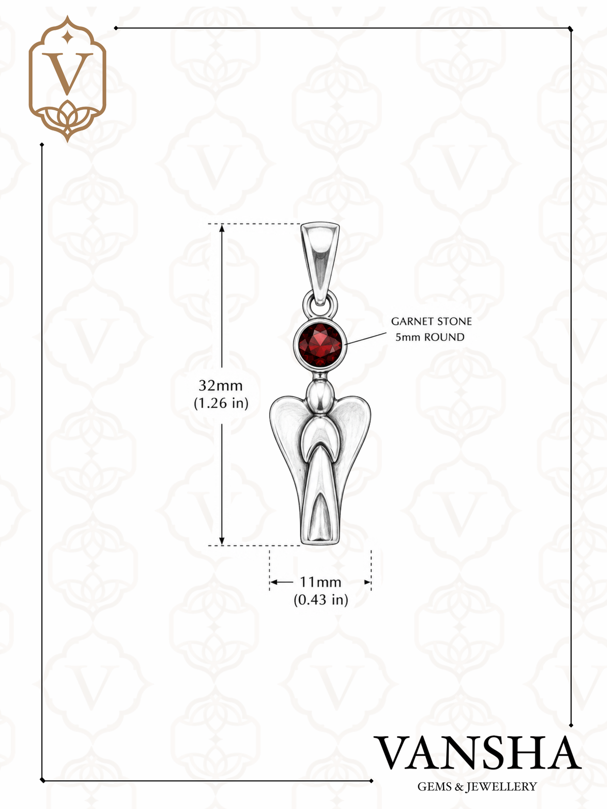 Garnet Angel Pendant in 925 Sterling Silver