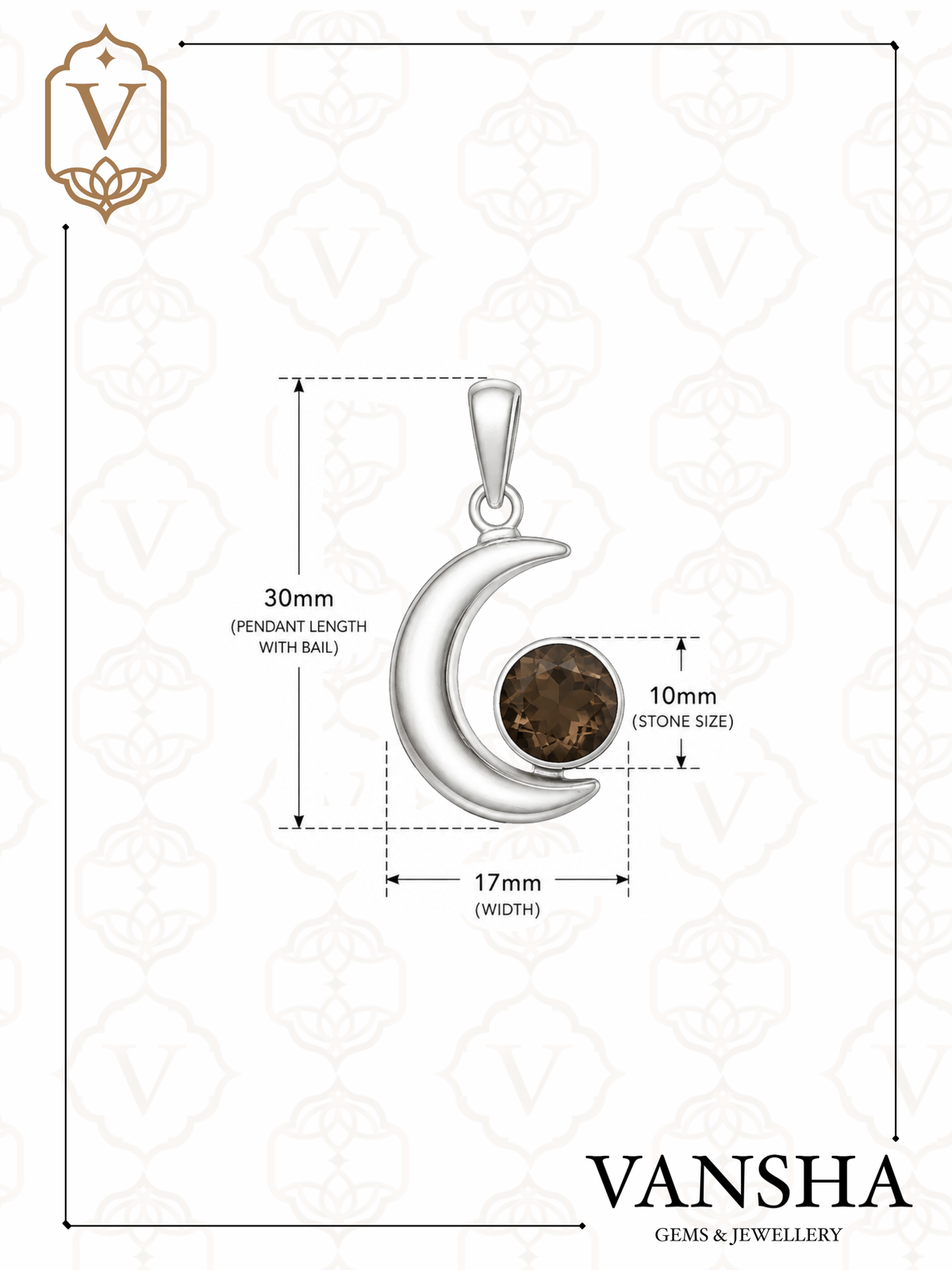 Smoky Topaz Crescent Moon Pendant in 925 Sterling Silver