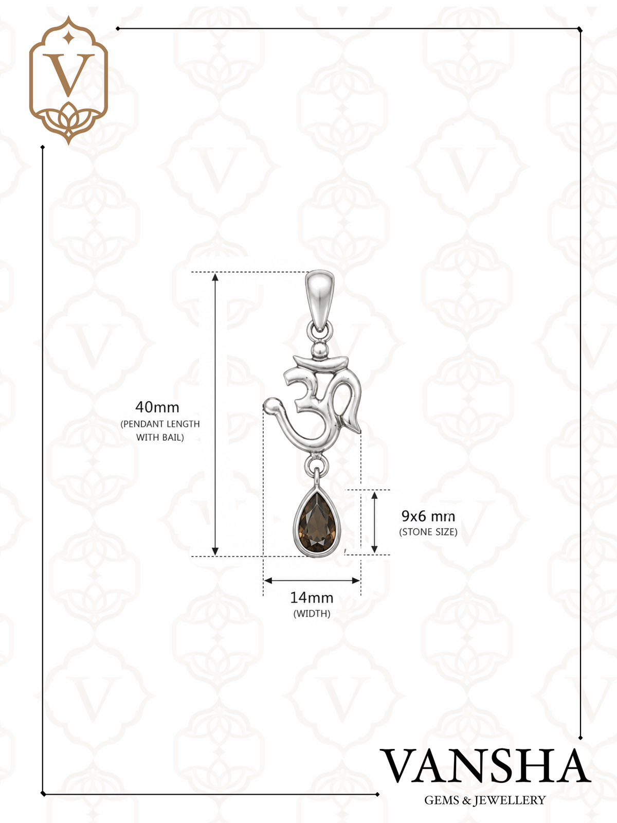 Smoky Topaz Om Pendant in 925 Sterling Silver