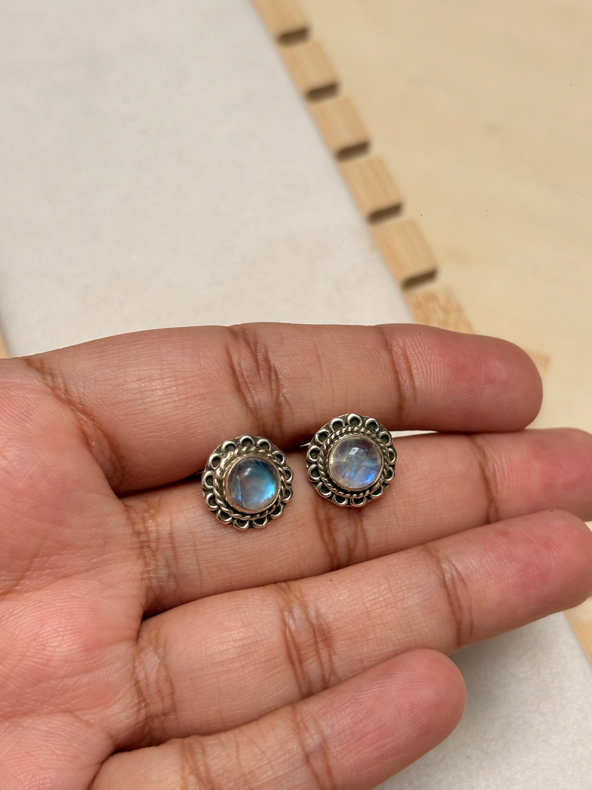 Ornate Labradorite & Rainbow Moonstone Stud Earrings in 925 Silver