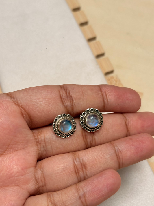 Ornate Labradorite & Rainbow Moonstone Stud Earrings in 925 Silver