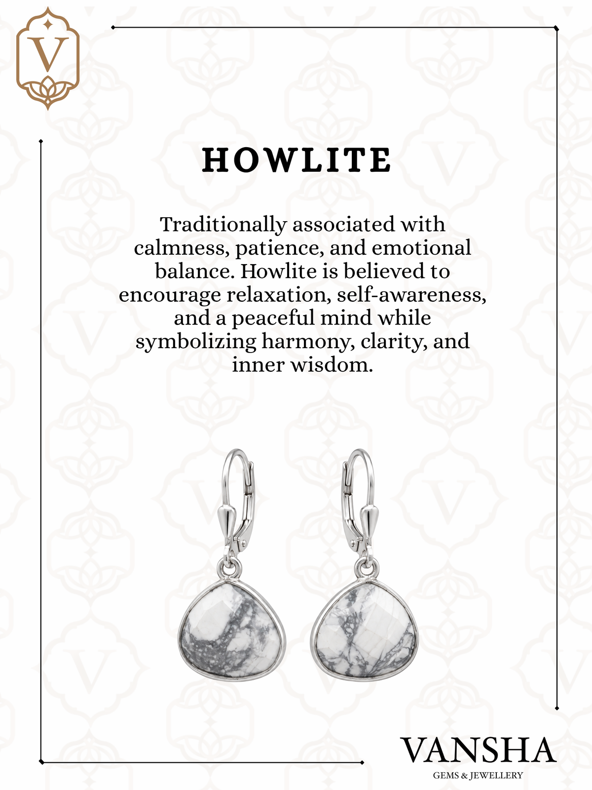 Howlite Trillion Leverback Drop Earrings in 925 Silver