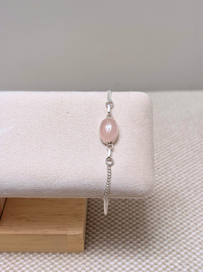 Natural Gemstone Oval Bracelet in 925 Sterling Silver – Tiger's Eye or Rose Quartz