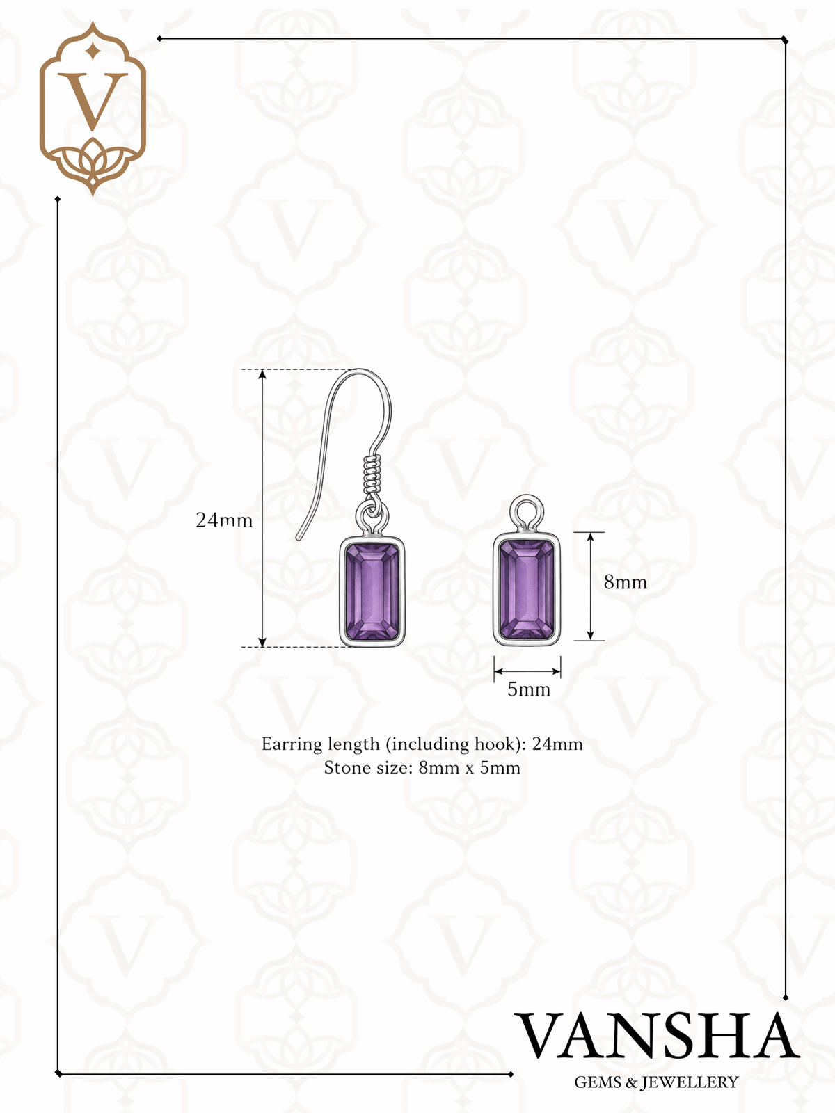 Amethyst Rectangle Drop Earrings in 925 Silver