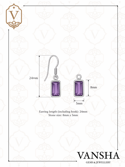 Amethyst Rectangle Drop Earrings in 925 Silver