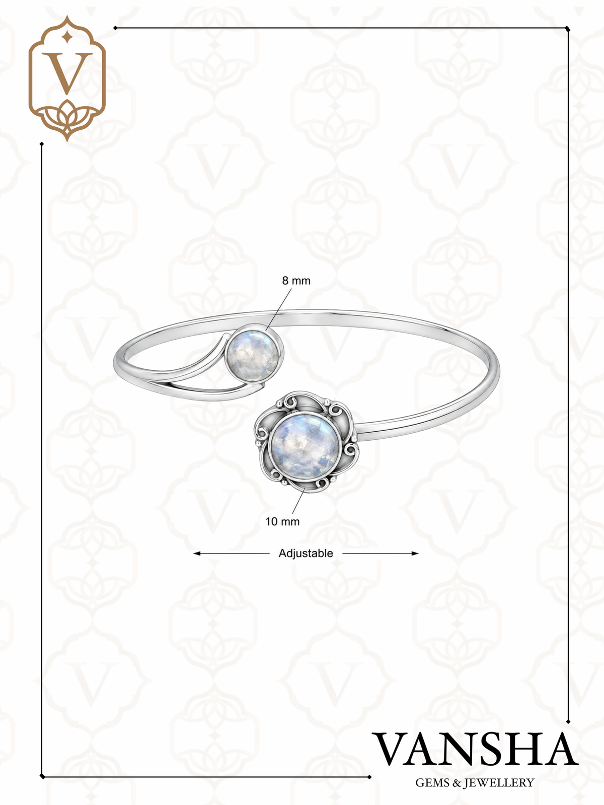 Rainbow Moonstone Open Bangle in 925 Sterling Silver Ð June Birthstone
