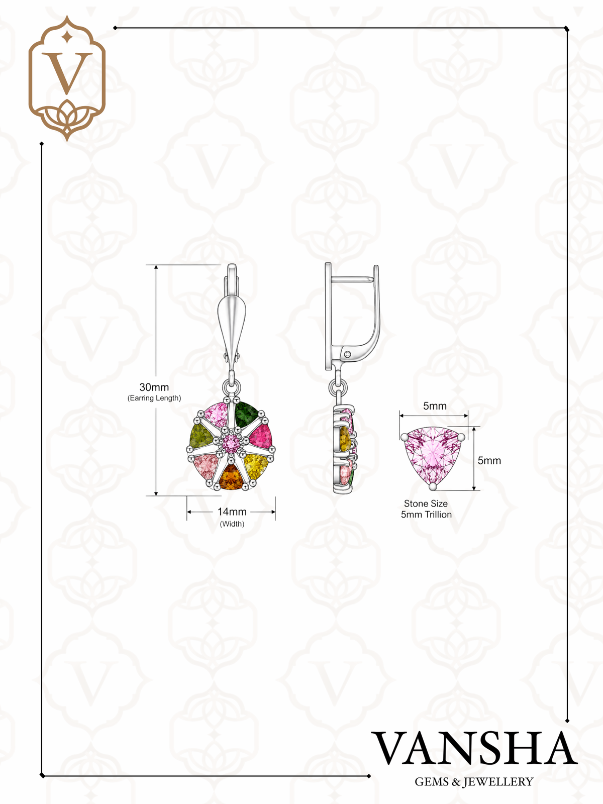 Rainbow Tourmaline Floral Dangle Earrings in 925 Silver