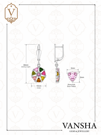 Rainbow Tourmaline Floral Dangle Earrings in 925 Silver