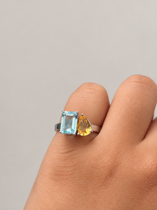 Enchanted | Blue Topaz & Citrine Duo Adjustable Ring in 925 Sterling Silver