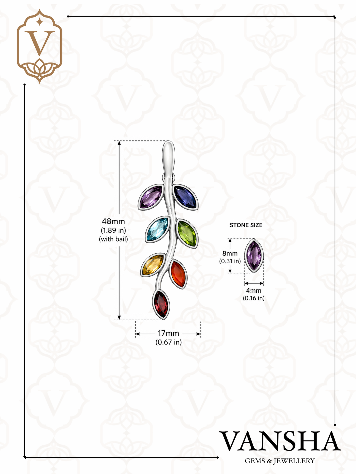 Seven Chakra Gemstone Branch Pendant in 925 Sterling Silver