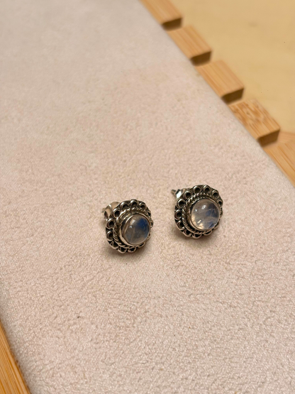 Ornate Labradorite & Rainbow Moonstone Stud Earrings in 925 Silver
