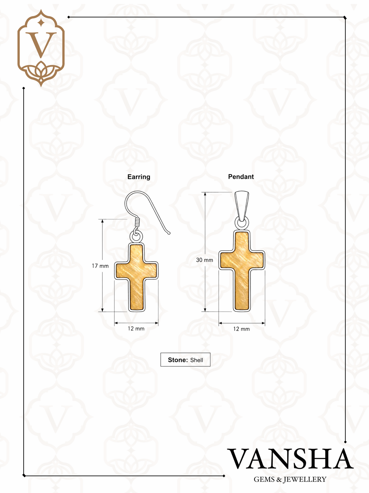 Golden Shell Cross 925 Silver Pendant & Earring Set