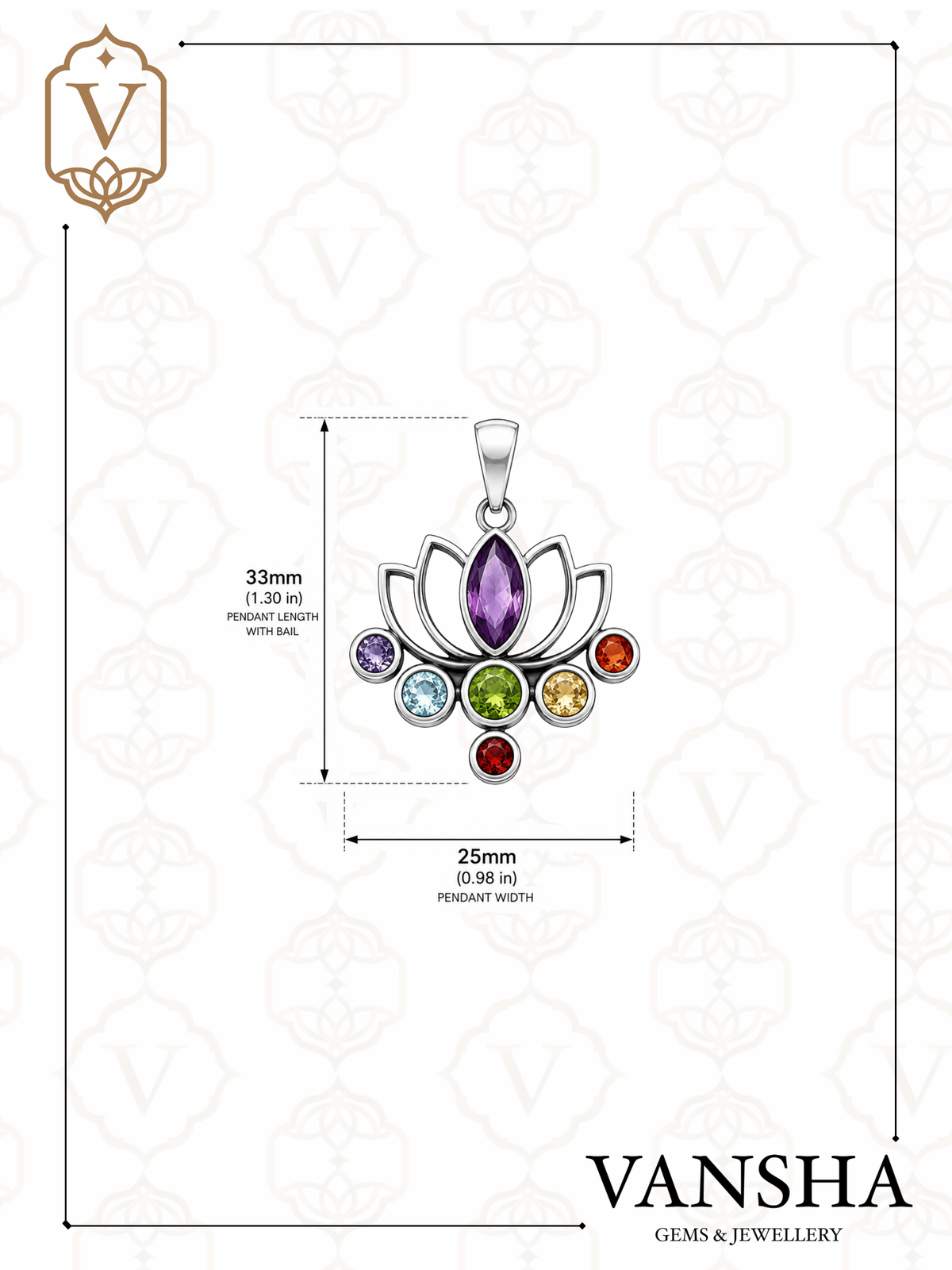Seven Chakra Lotus Pendant in 925 Sterling Silver