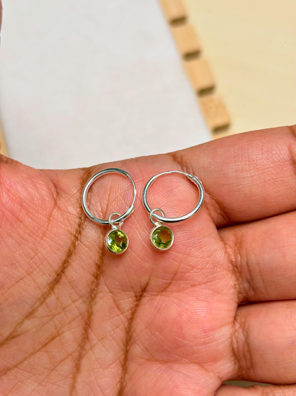 Round Gemstone Charm Hoop Earrings in 925 Silver