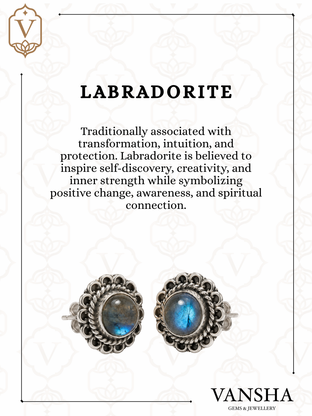 Ornate Labradorite & Rainbow Moonstone Stud Earrings in 925 Silver