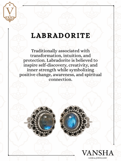 Ornate Labradorite & Rainbow Moonstone Stud Earrings in 925 Silver