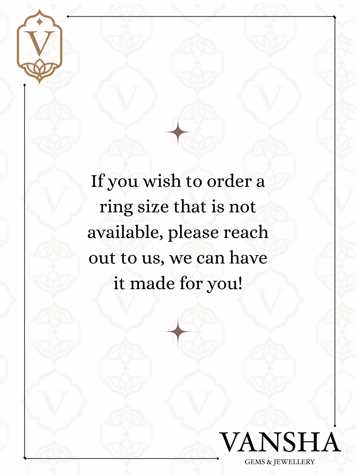a message about a ring size that is not available, and it suggests that the customer can order a custom-sized ring made for them.