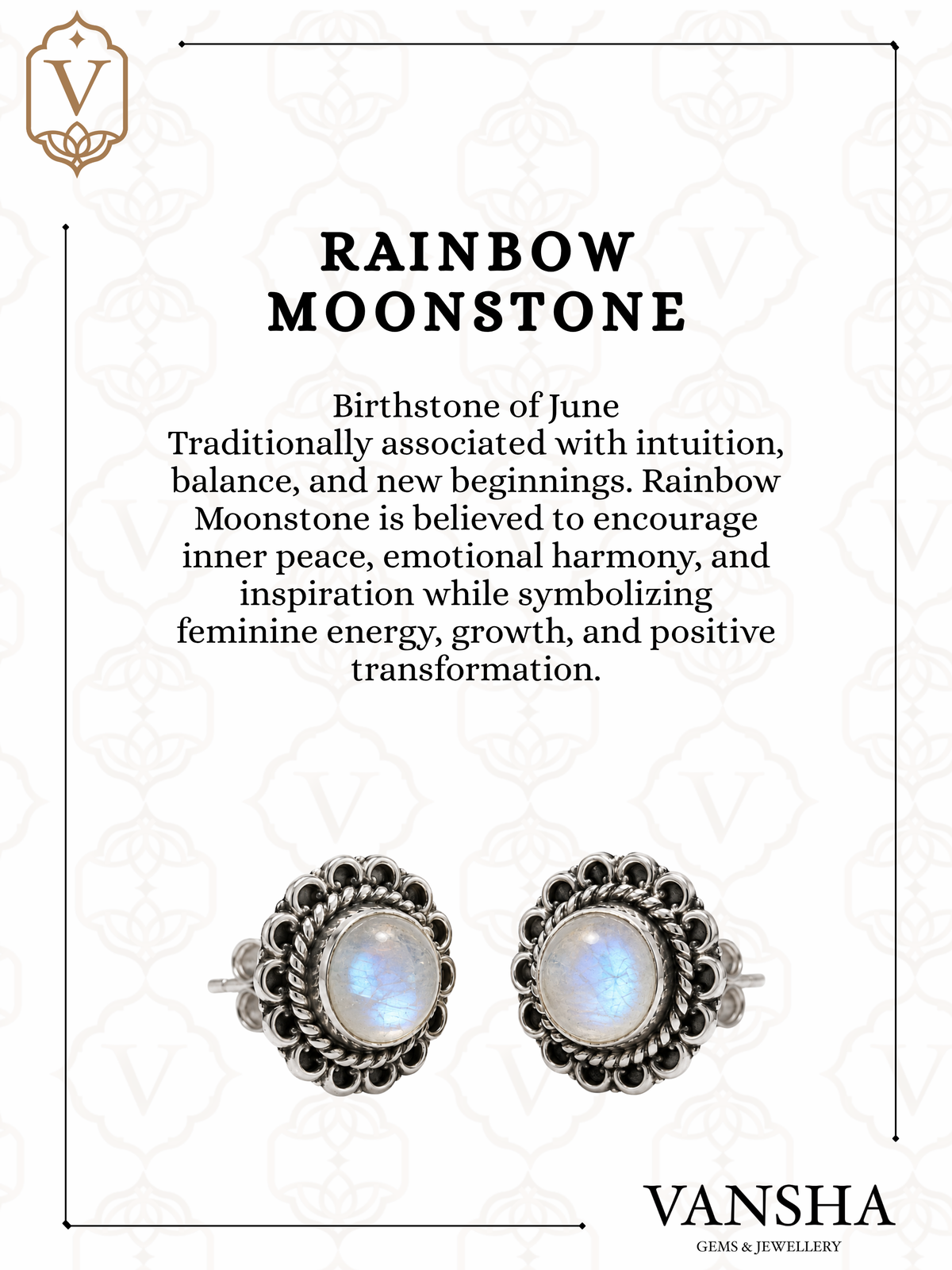 Ornate Labradorite & Rainbow Moonstone Stud Earrings in 925 Silver