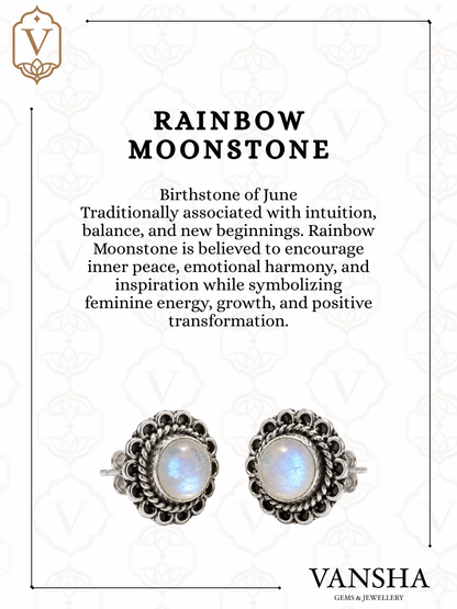 Ornate Labradorite & Rainbow Moonstone Stud Earrings in 925 Silver