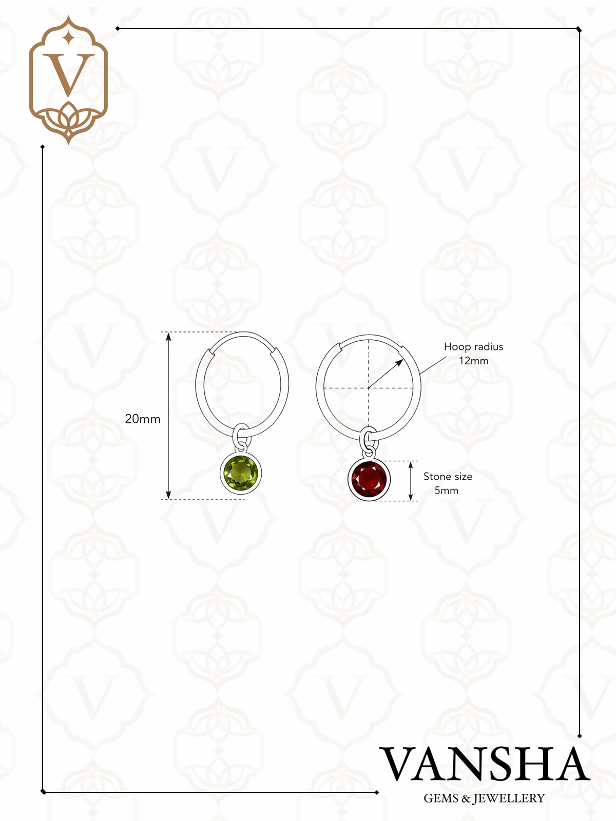 Round Gemstone Charm Hoop Earrings in 925 Silver