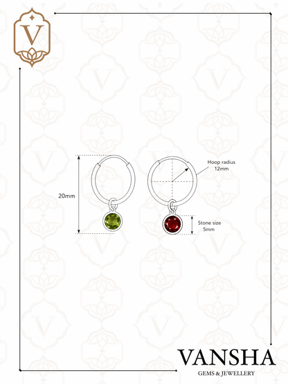 Round Gemstone Charm Hoop Earrings in 925 Silver