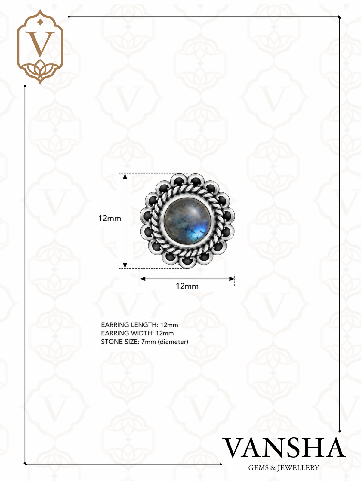 Ornate Labradorite & Rainbow Moonstone Stud Earrings in 925 Silver
