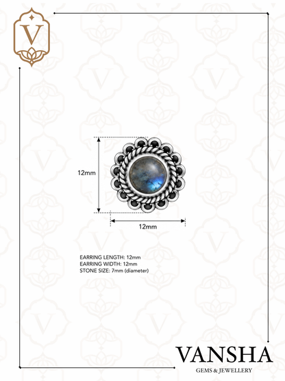 Ornate Labradorite & Rainbow Moonstone Stud Earrings in 925 Silver