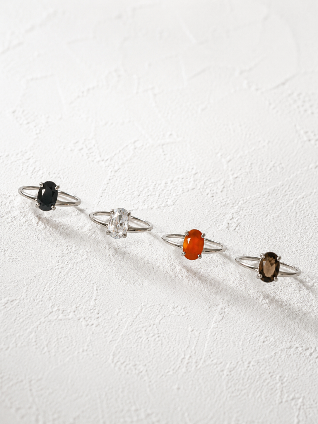 Oval Gemstone Solitaire Ring in 925 Sterling Silver | Natural Black Onyx, Carnelian, Smoky Topaz & White CZ
