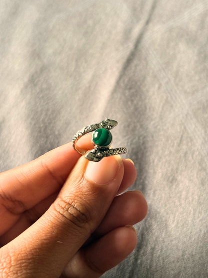Natural Malachite Snake Ring, 925 Sterling Silver Ring, Green Gemstone Ring, Serpent Statement Ring, Gift for Her