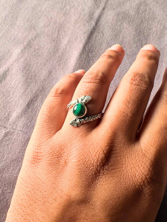 Natural Malachite Snake Ring, 925 Sterling Silver Ring, Green Gemstone Ring, Serpent Statement Ring, Gift for Her