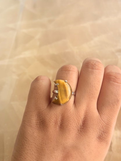 Moon Gemstone Ring in 925 Sterling Silver | Handmade Crescent Crystal Statement Ring | Rose Quartz & Tiger's Eye