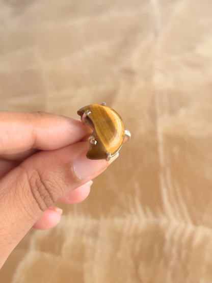 Moon Gemstone Ring in 925 Sterling Silver | Handmade Crescent Crystal Statement Ring | Rose Quartz & Tiger's Eye